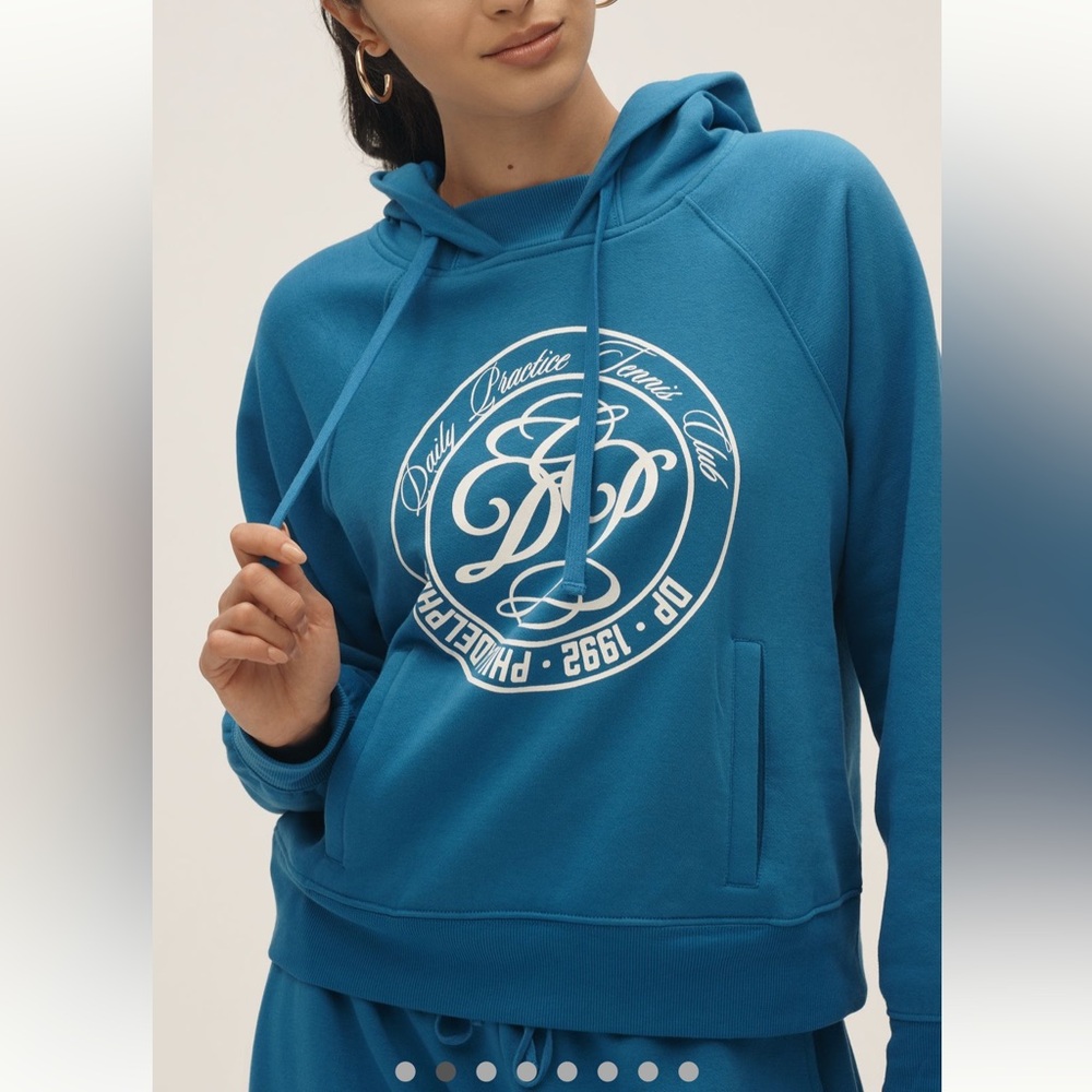 NWT Anthropologie Daily Practice Blue Hoodie White Graphic Hoodie Size XS